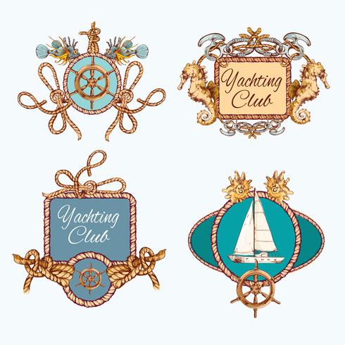 Yachting sketch emblems set vector