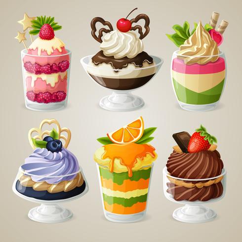 Juego de postres mousse helado de dulces vector