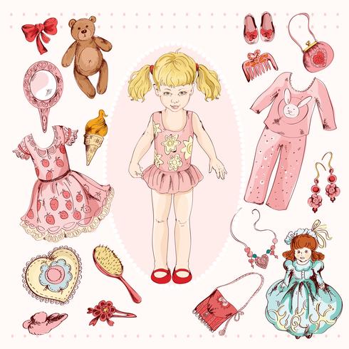 Little girl character accessories set vector