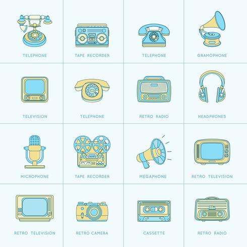 Retro Media Flat Line Icons vector