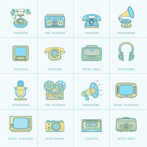 Medios de comunicación retro iconos de línea plana vector