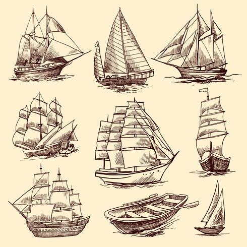 Conjunto de croquis de barcos y embarcaciones. vector