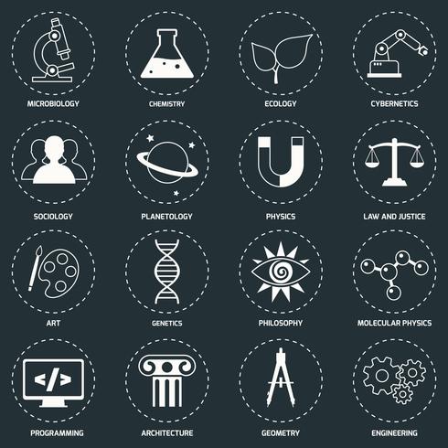 Ciencia áreas iconos blancos vector