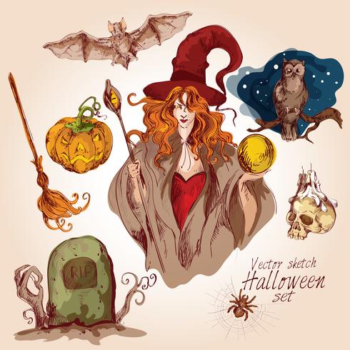 Halloween colored sketch set vector