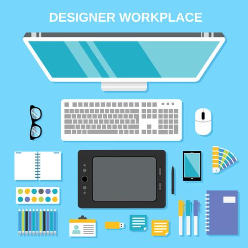 Designer workplace top view vector