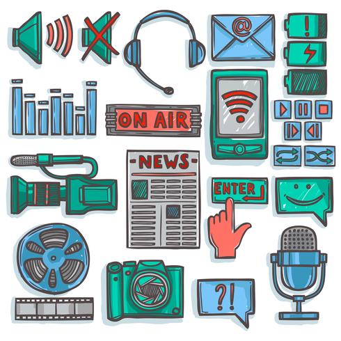 Media sketch icons set color vector