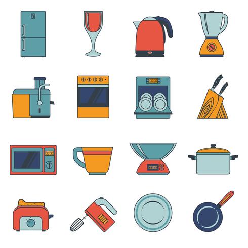 Iconos de electrodomésticos de cocina planos vector