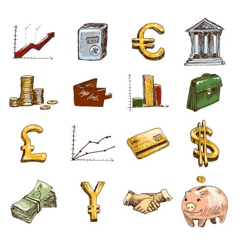 Finance icons set sketch colored vector