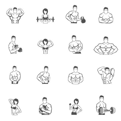 Culturismo fitness gimnasio iconos negro vector