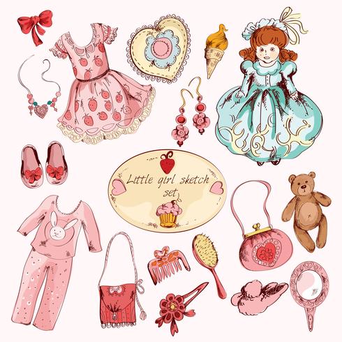 Little girl accessories colored items set vector