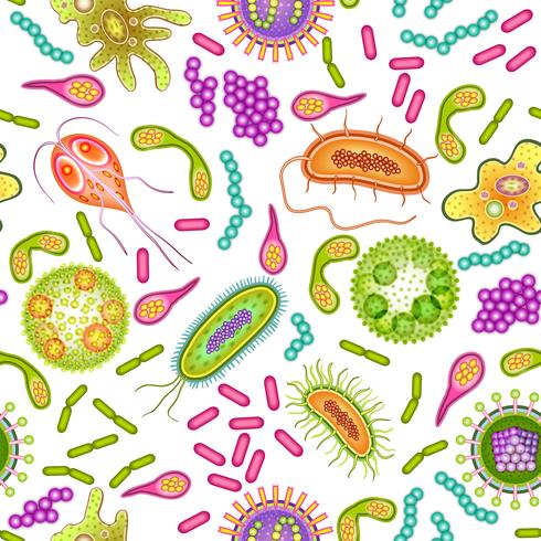 Bacterias y virus de color sin patrón. vector