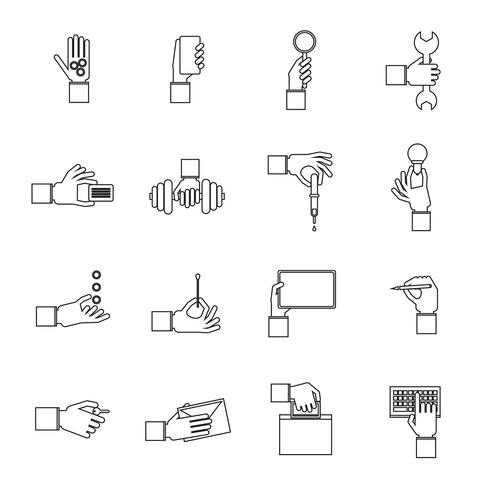 Hand holding objects outline set vector