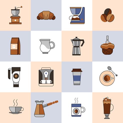 Conjunto de iconos de café línea plana vector