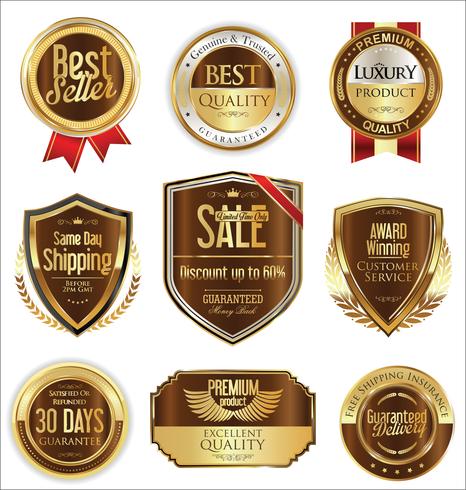 Insignias y etiquetas de oro premium de lujo vector