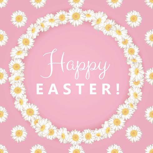 Happy easter card. Chamomile round frame on pink background vector