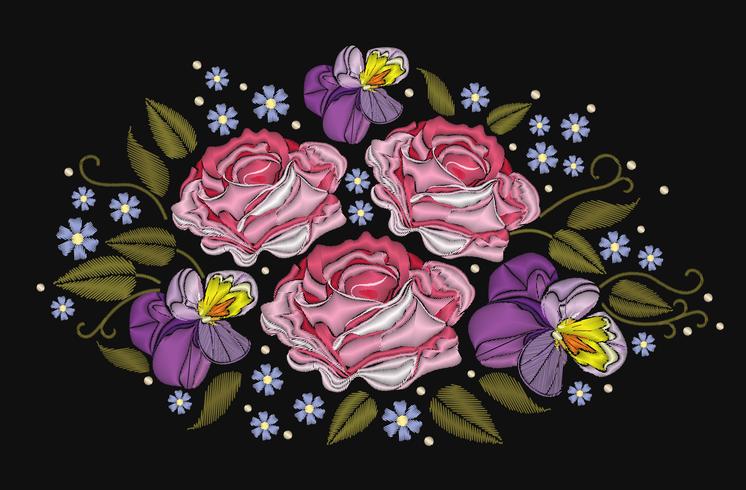 Flores rosas y pensamientos aislados sobre fondo negro. Ilustracion vectorial Elemento de bordado para parches, insignias, pegatinas, tarjetas de felicitación, patrones, camisetas. vector