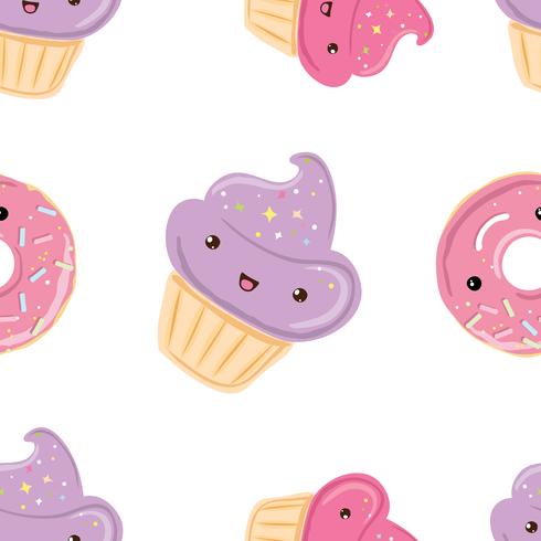 Seamless pattern with sweets - donuts, cupcakes isolated on white background. vector