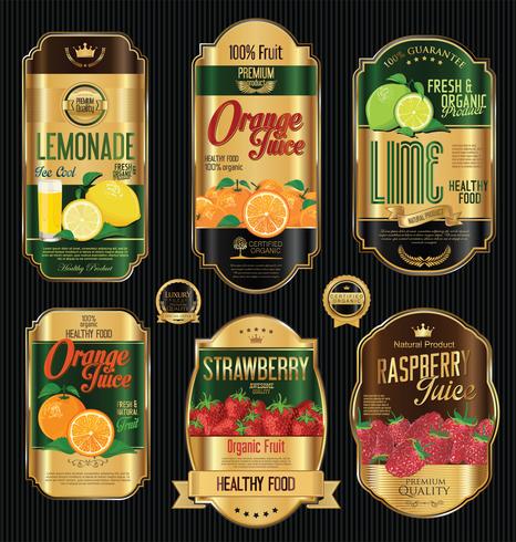 Set of organic fruit retro vintage golden labels collection vector