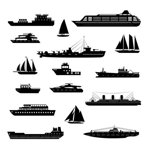 Set de barcos y embarcaciones blanco y negro. vector