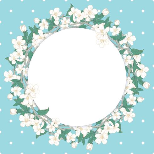 Cherry blossom round pattern on blue polka dot background vector