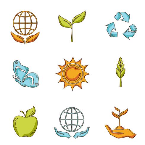 Conjunto de iconos de ecología y residuos bosquejo vector
