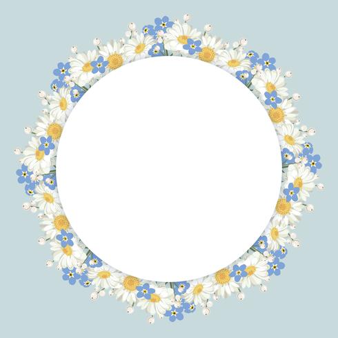 chamomile and forget-me-not flowers frame on vintage blue background vector
