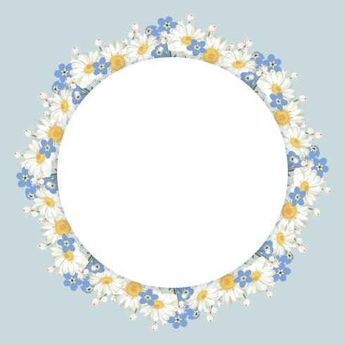 chamomile and forget-me-not flowers frame on vintage blue background vector