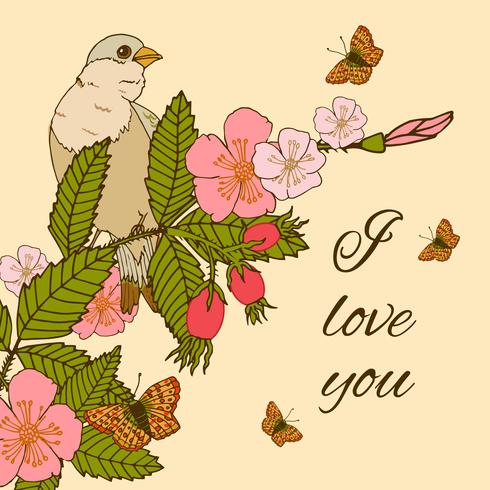 Vintage flowers background with bird vector