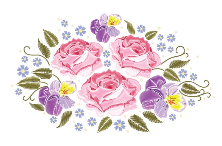 Flores rosas y pensamientos aislados sobre fondo blanco. Ilustracion vectorial Elemento de bordado para parches, insignias, pegatinas, tarjetas de felicitación, patrones, camisetas. vector