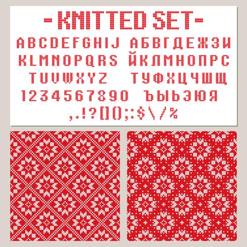 A knitted vector alphabet. Latin and cyrillic letters, numbers, punctuations isolated on white background. Set of ABC and ornamental knitted seamless patterns.