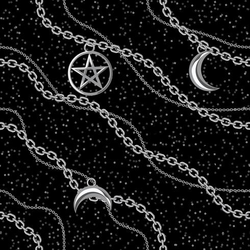 Seamless pattern background with pentagram and moon pendants on silver metallic chain. On black. Vector illustration