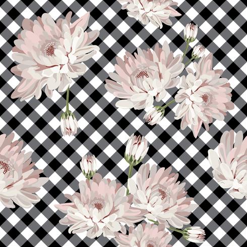 Floral pattern with chrysanthemums on gingham, checked background. vector