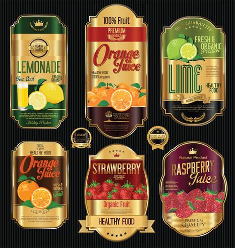 Set of organic fruit retro vintage golden labels collection vector