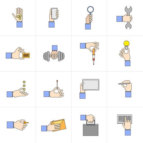 Hand holding objects flat set vector