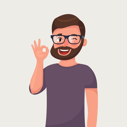 Man is showing a gesture ok in cartoon style. vector