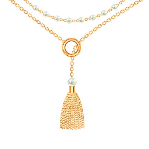 Background with golden metallic necklace. Tassel, pearls and chains. On white. Vector illustration