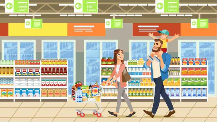 Family shopping in supermarket with product cart vector