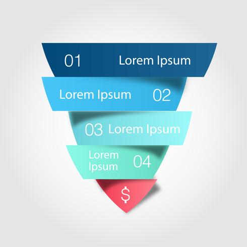 Sales funnel. Illustration of color triangle divided cut to four parts with small shadow.  vector