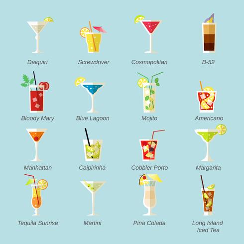 Alcohol Cocktails Icons Flat vector