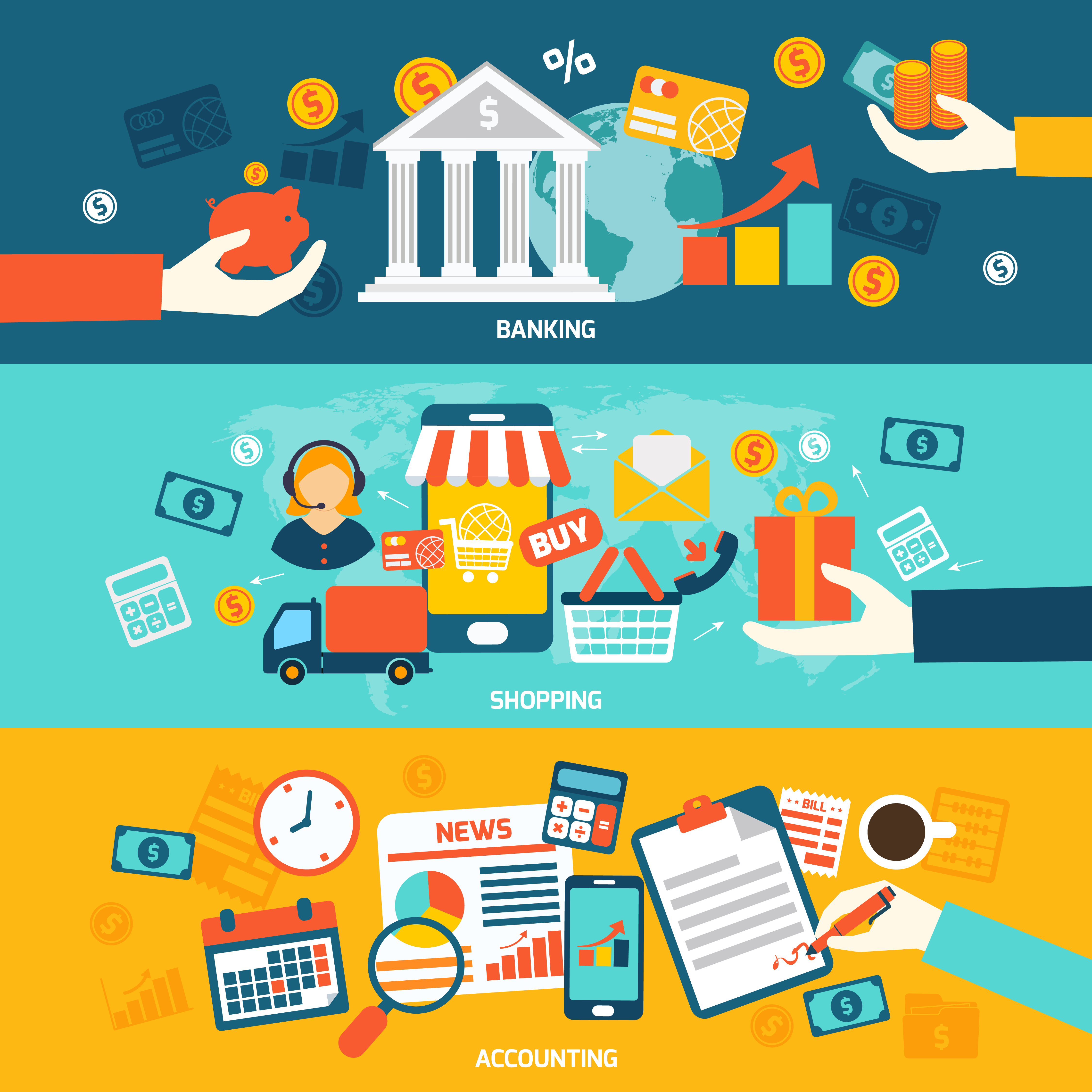 Банки шоп. Accounting vector banner. Account Flat.