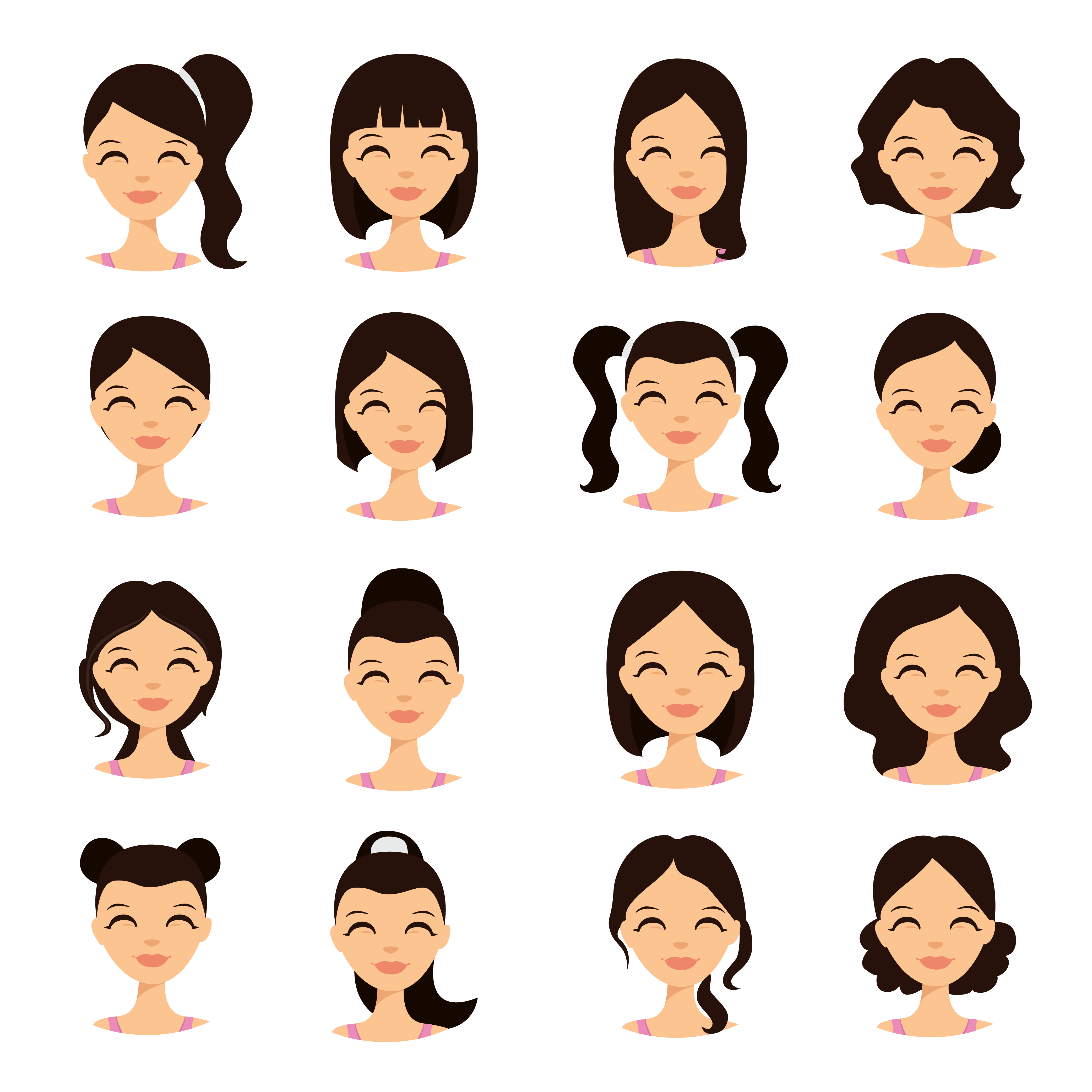 Young pretty women pretty faces with different hairstyles. Cartoon