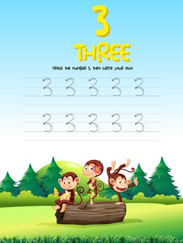 Number three tracing worksheets vector