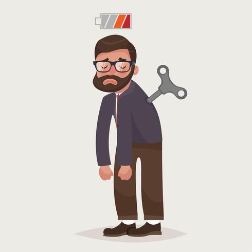 Tired businessman with Clockwork key and empty battery. Business concept  vector