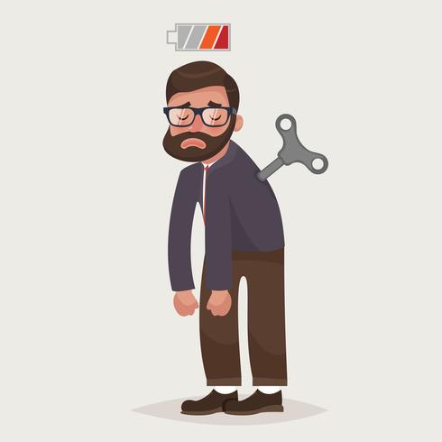 Hombre de negocios cansado con llave del mecanismo y la batería vacía. Concepto de negocio vector