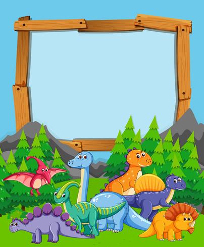 Many dinosaur on nature wooden frame vector