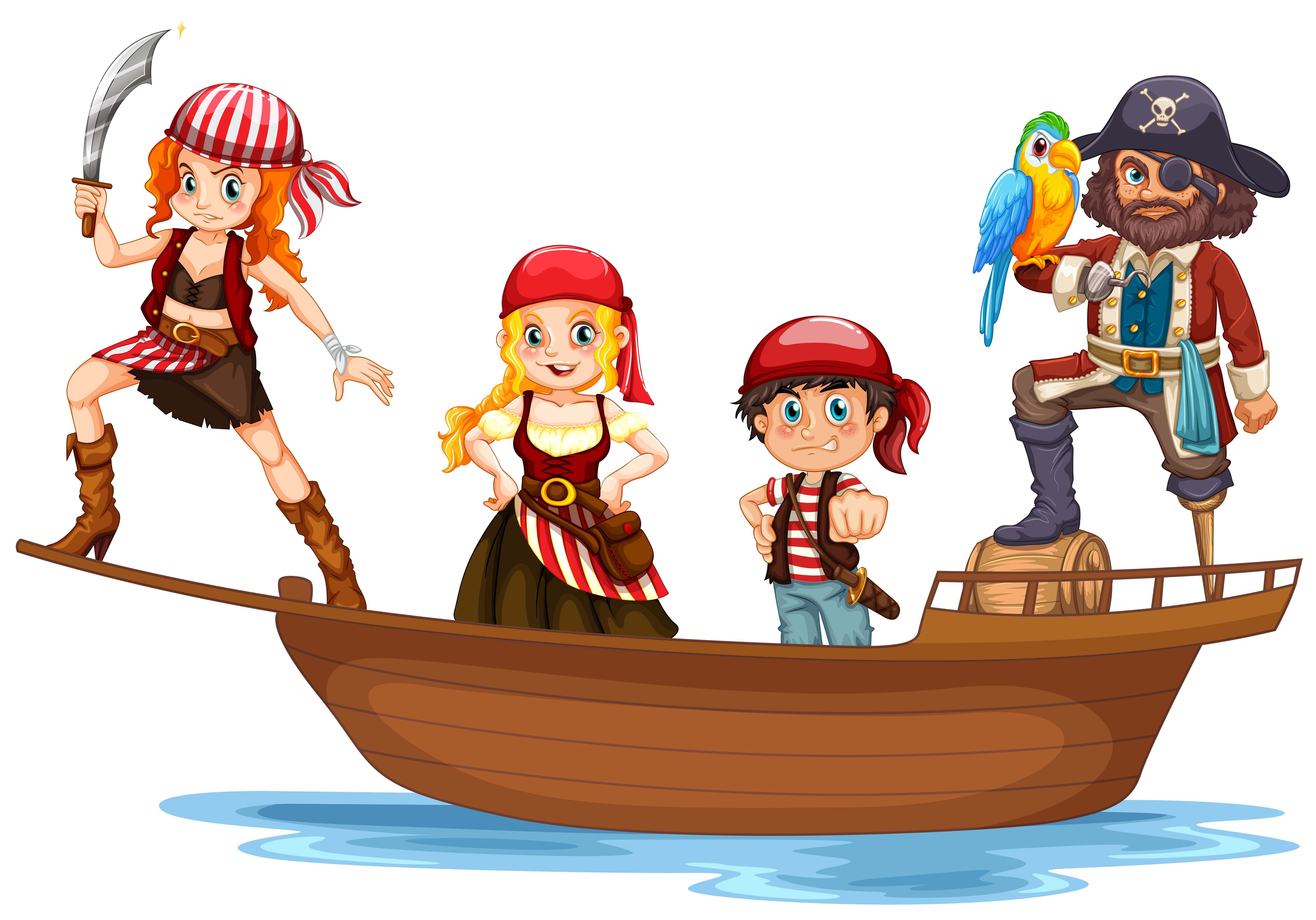 Pirate and crew on wooden ship 444378 Vector Art at Vecteezy