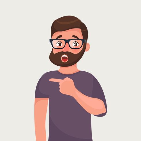 Hombre de barba hipster sorprendido señala. Noticias increíbles o calientes. Sugerencia impactante. vector