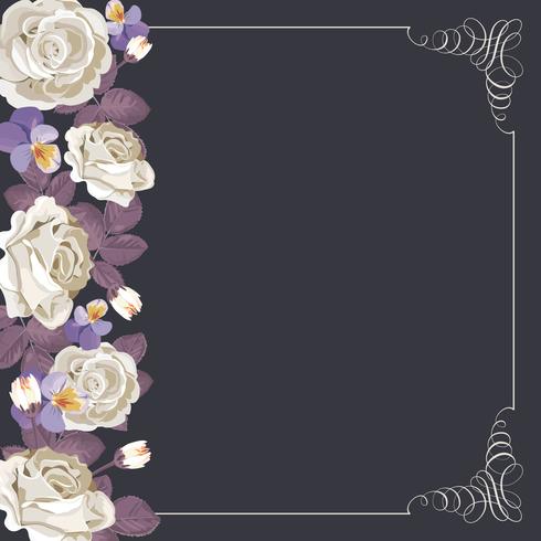 Plantilla de tarjeta de flora con rosas blancas y marco cuadrado caligráfico. vector