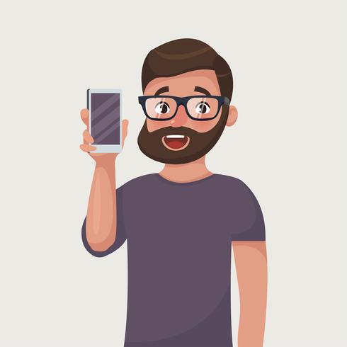 Hombre en copas con barba está mostrando el teléfono. Personas y gadgets. Estilo de dibujos animados vector