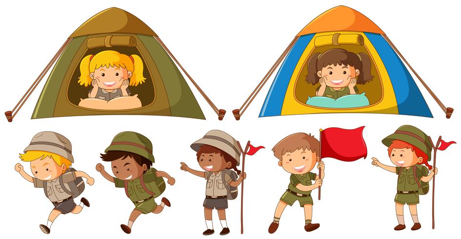 Many kids in safari outfit running and camping in tent vector